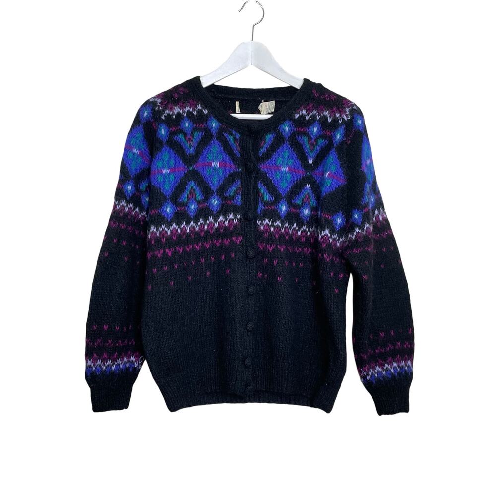 Vintage L.L. Bean Women's Size S Black Mohair-Nylon Fair Isle Cardigan Sweater